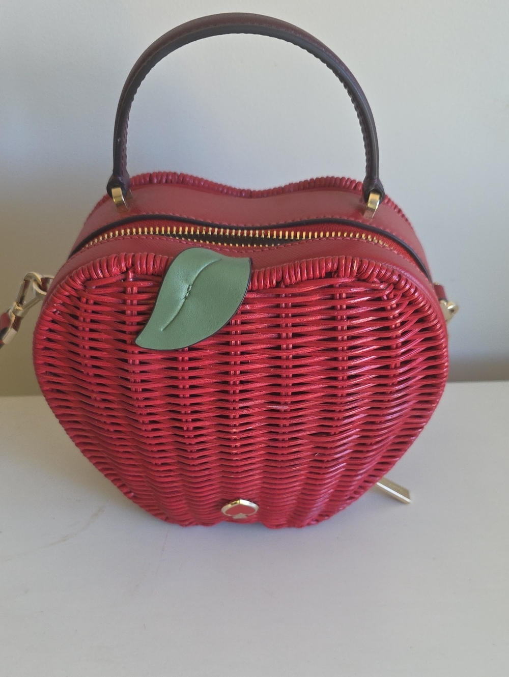 Kate SPADE Red Apple Woven Top-Handle Bag /adjustable Strap Green Leaf Accent